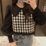 Contrast Color Lantern Sleeve Splicing Short Shirts Female Smock O Neck Blouses Casual Lady Loose Tops Blusas
