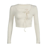 French Maiden Style Square Collar Bow Tie T-Shirt Sexy Short Navel Long-Sleeved Blouse-Outfit