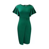 Fongt Women's 2025 Summer New Solid Color High-Waist Temperament Commuter Lotus Leaf Sleeve Office Dress