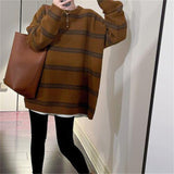 Fongt Color Stripe Retro Matching Color Sweater Women's New Lazy Wind Sweater Loose And Versatile Medium Long Pullover Sweater-Outfit