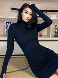 Dress Knitted Long Sleeve Dress Bodycon Dress Solid Brown Autumn Winter Woman Dress Basic Streetwear Turtleneck Mini
