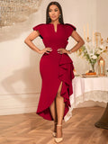 Fongt V-Neck Loaf-Side Dress High-Waisted Open-Fork Irregular Hem Dinner Dress Dress Dress