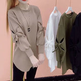 Solid Color Cut Out Sweatshirts Female Clothing Korean Loose Spring Autumn Long Sleeve Casual Bow Round Neck Pullovers-Outfit