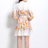 Fongt Elegant High-End Dress Woman 2025 New Collar Lantern Sleeve Buckle Waist Print Dress