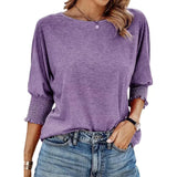 Fongt Women's 2025 Spring/Summer Fashion Sleeve 7-Sleeve T-Shirt Round Collar Basic Lace Sleeve