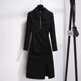 Drawstring Polo Dresses Women's Casual Slim Long/Short Sleeve Spring Summer Bodycon Dresses Design Pleated Korean