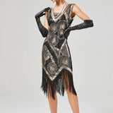 Sequin Beaded Art Deco Flapper Dresses 20s Great Gatsby Party Fringe Dress V-Neck Sleeveless Embroidery Midi Dress-Outfit