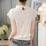 White Lace Blouse Short Sleeve Stand Collar Women Tops Elegant Patchwork Crochet Women Shirt Plus Size Blusas Mujer