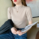 Summer Knitted Thin Sweater Pullovers Korean Half Sleeve Turtleneck Sweater for Women Slim Jumper Tops Office Lady-Outfit