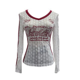Fongt V-Neck Lace Letter-Print Fluoroskin Long-Sleeved T-Shirt Slimming Shirt Thin Top 8055