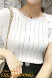 Tee Shirt Femme Knitted Hollow Out T Shirt Button Short Sleeve Tshirt Women 2023 Summer Casual Thin white T-Shirt