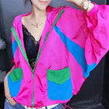 Contrasting Colors Hooded Coats Women's Clothing Stylish Pockets Patchwork Summer Thin Zipper Casual Loose Jackets-Outfit