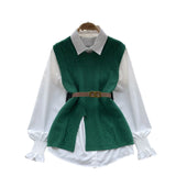 Fongt Style Suit Women's Casual Long-Sleeved Shirt + Waist V-Neckless Knitted Vest Two-Piece Set