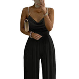 Fongt New Pearl Slings Wide Legs Sleeveless V-Neck-Clenable Trousers