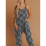 Fongt Women's Check-Print Leisure Large Pocket Jumpsuit Wish Loose Back