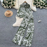 Fongt Familiar Wind Wearing A Female Fashionable Loose-Fitting Long-Sleeved Printed Shirt + High-Waisted Casual Broad-Legged Trousers Set