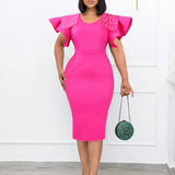 Fongt Women's Clothing 2025 New Round-Neck Lotus Leaf Sleeves Open Nail Beads OL Dress Dress Dress Dress