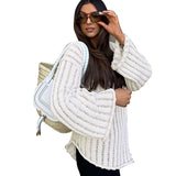 Loose Women's Sweater Flare Long Sleeve Hollow Out Striped Knitted Pullover Tops Winter 2022 Trend Casual Ladies
