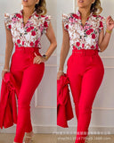 Series) 2023 Women's Red Print Shirt Pantsuit-With A Belt-Outfit