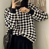 2022 New Checkerboard Spring Winter Women Sweaters Pullovers Checkered Vintage Korean Fashion Elegant Tops