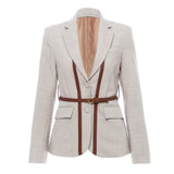 Fongt New British Splicing Colliding Color Leather Splicing Back With Small Suit Jacket With Belt 1226