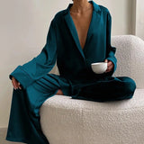 European and American women's home clothes long-sleeved suit imitation silk shirt thin trousers two-piece pajamas women-Outfit