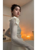 Chinese Style O-neck Flower Beading Tops Women Spring Slim Fit White Pullovers Y2k E-Girl Long Sleeve Sweater Mujer-Outfit