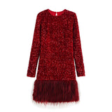 Fongt Women's Clothing Spring 2025 New Glit Decorative Feathers Spliced Long-Sleeved Mini Dress