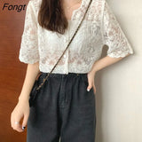 Women Lace Summer Sun-proof Simple Sexy Female Clothing Sheer Tops Preppy V-Neck Casual Trendy Harajuku Basic Korean