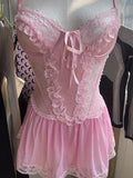 Dark Pastel Gothic Lace Pink Women Bodysuits Harajuku Sweet Sexy Transprent Club Night Clothes Bandage Ruffles Hem