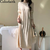 New 2021 Autumn Winter Women Dresses Knitted Vintage Elegant Split Straight Korean Solid Lady Long Dresses
