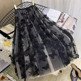 Fashion Butterfly Embroidery Mesh Skirt 2023 Summer New Office Lady Commute All-match Elastic Waist A-Line Midi Skirts-Outfit