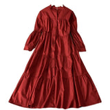 Temperament Aging Solid Color Simple Dress Autumn Dress Korean Version Fashion Bubble Long Sleeves Show Thin Button Long Skirt Women-Outfit