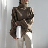 Chic Sweater Women Lazy Oversized Winter Vertical Bar Jumper Knit Thicken Solid Color Pullover Tops Warm Casual