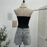 Fongt With Chest Cushions Denim Bra Sleeveless Top Single Buckle One-Pack Short Vest 2738