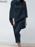 2pcs Women Trouser Suits Spring Fashion Solid Urban Tracksuit Matching Sets Trutleneck 3/4 Sleeve Blouse Harem Pants