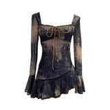 Spring And Summer New French Style Tie Dyed Horn Long-Sleeved Lace Side Design T-Shirt