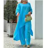 Fongt New Women's Cotton And Cotton Fashion Casual Large Code Irregular Long-Sleeved Set Of Wide Leg Pants Two Sets
