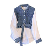 Autumn Casual Denim Patchwork Shirt Women's Clothing Commute Turn-down Collar Stylish Sashes Basic Single-breasted Blouse-Outfit