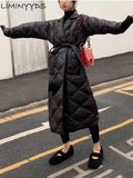 Winter Women's Black Long Coat Cotton Padded Jacket Korean Casual Loose Street Style Belt Jacket