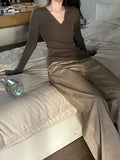 Fongt Tea Color V-Neck Knitted Shirt Slimy Temperament Fashion Thin Inside The Bottom Shirt Tight Cashmere Sweater Woman