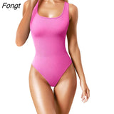Women's Ribbed Knitted Sleeveless Bodysuit Solid Color Smocked Waist Bodycon Jumpsuit Casual Romper