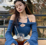 Fongt Pure Desire Wind Hot Girl Women's Sexy V Neck Hanging Neck Exposed Back Strap Vest One Word Collar Long Sleeve Vest