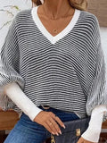 Fongt And Winter New Loose Knitted Stripes V Collar Bat Sleeve Splicing Stuff Sweater Women's Clothing
