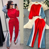 Fongt Denim Set Female Retro Casual Color Long-Sleeved Sweater Denim Spliced Broad Leg Pants Two Sets