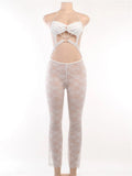 Women Summer Lace See Through Jumpsuit Sleeveless Halter Hollow Out Backless Club Bodysuits Long Flared Pants Rompers-Outfit