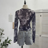 Fongt Shooting Hottie Perspective Dye Mesh Spliced Denim Long-Sleeved Shirt T-Shirt T-Shirt 26121