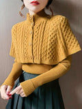 Cloak Sweater 2 Piece Sets Fall Winter Retro Thick Mock Neck Knit Cape And Slim V-neck Pullover Women Warm Sweaters