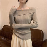 Word Shoulder Knitted Bottom Sweater Underwear Sweater Autumn And Winter Minority Design Chic Short Blouse-Outfit