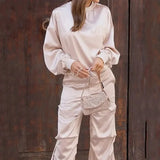 Fongt 2023 New Pure Color Silk Light Round Collar Long Sleeve Top Fashion Cargo Pants Suit-Outfit